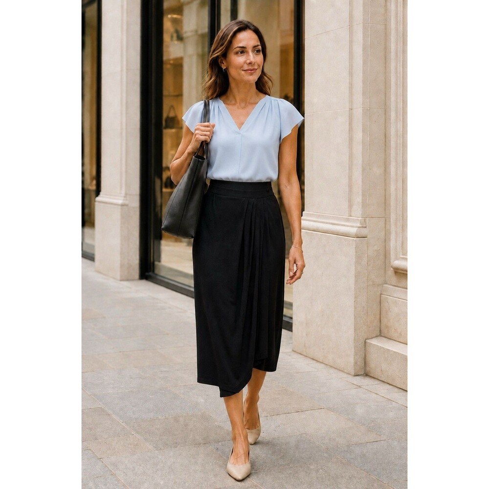 Birgitte Herskind Medium Black Faux Wrap Midi Skirt Minimalist Casual or Career